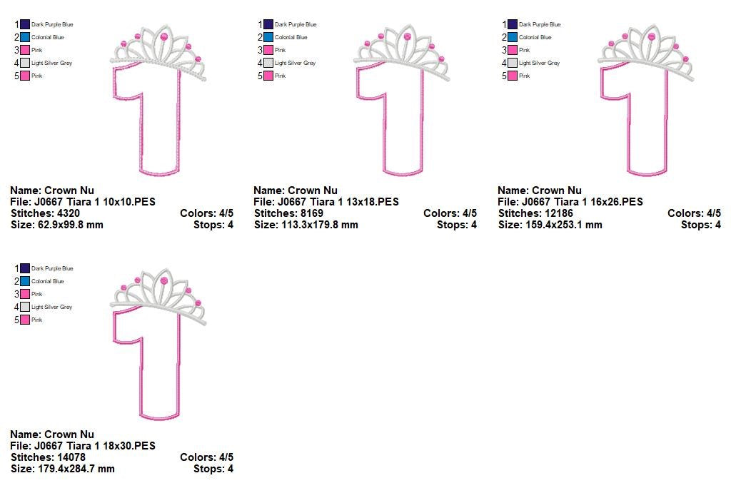 Matriz de Bordado Número 1 com Tiara de Princesa – Ponto Aplique