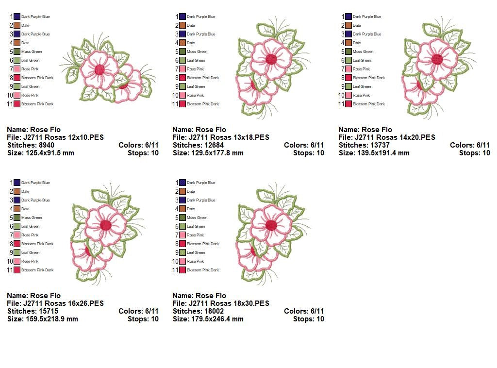 Matriz de Bordado Flores Rosa Delicadas com Folhas – Aplique