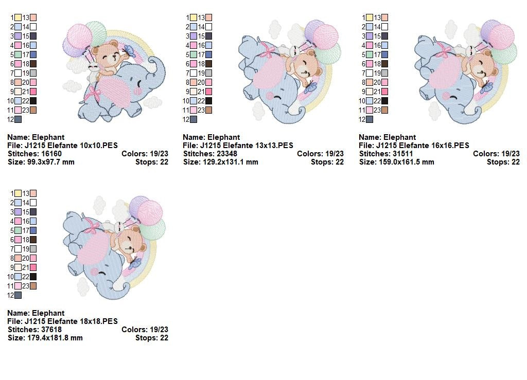 Matriz de Bordado Amigos no Céu com Elefante, Ursinho e Coelho – Ponto Cheio