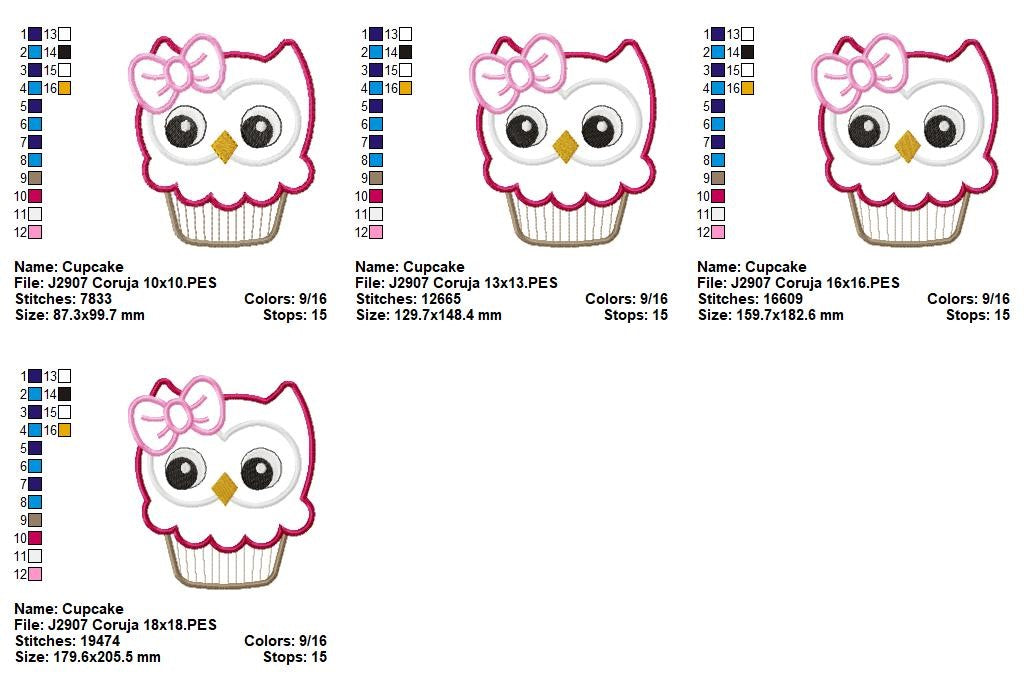 Matriz de Bordado Coruja Cupcake com Laço - Aplique