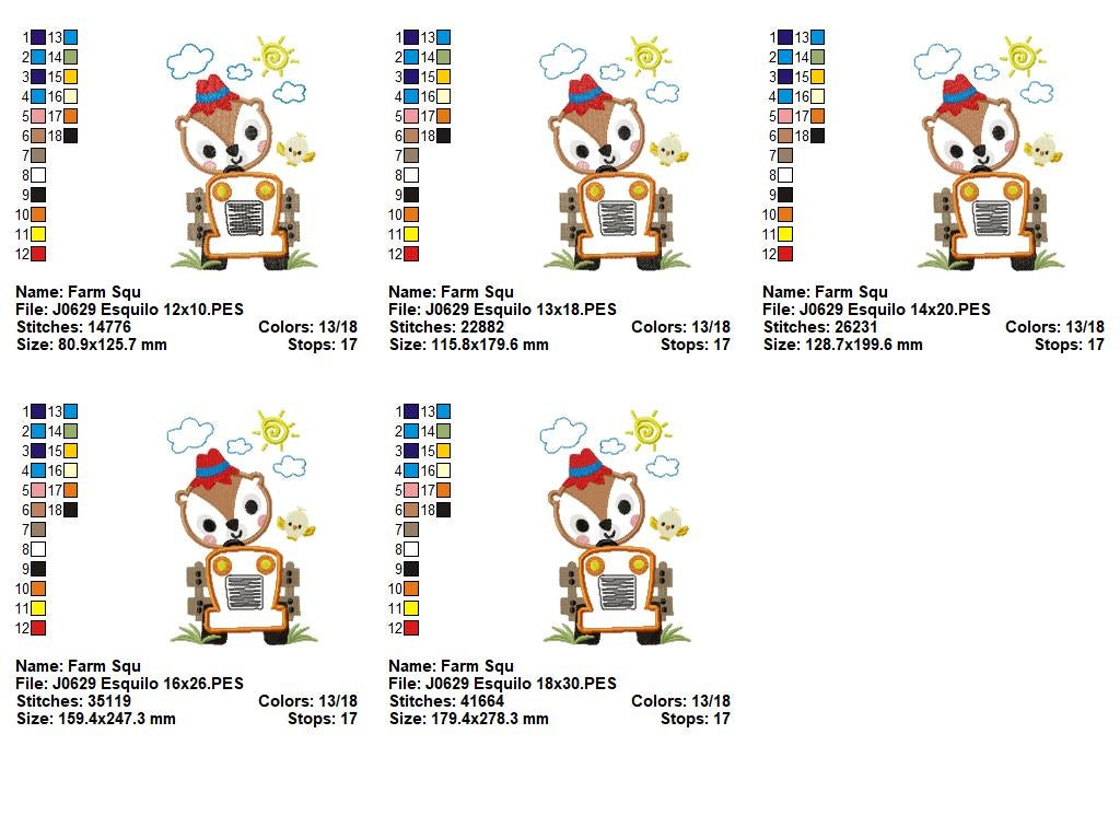 Matriz de Bordado Fazendinha com Esquilo e Trator – Aplique