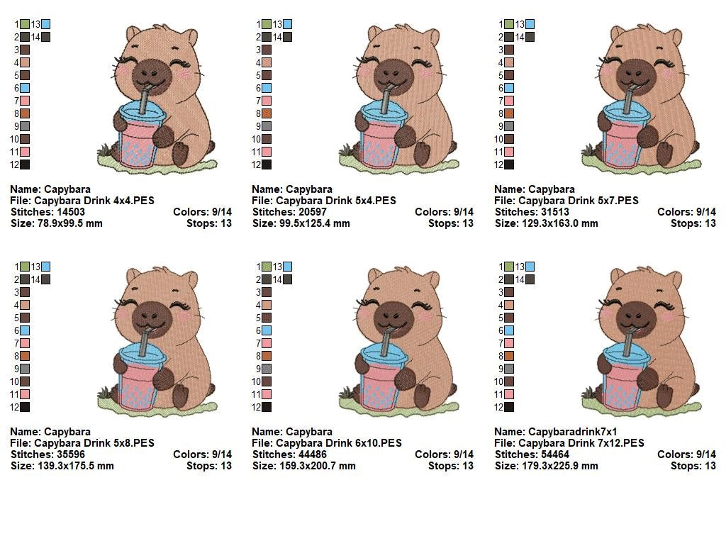 Matriz de Bordado Capivara Fofa com Copo de Boba Tea – Ponto Cheio