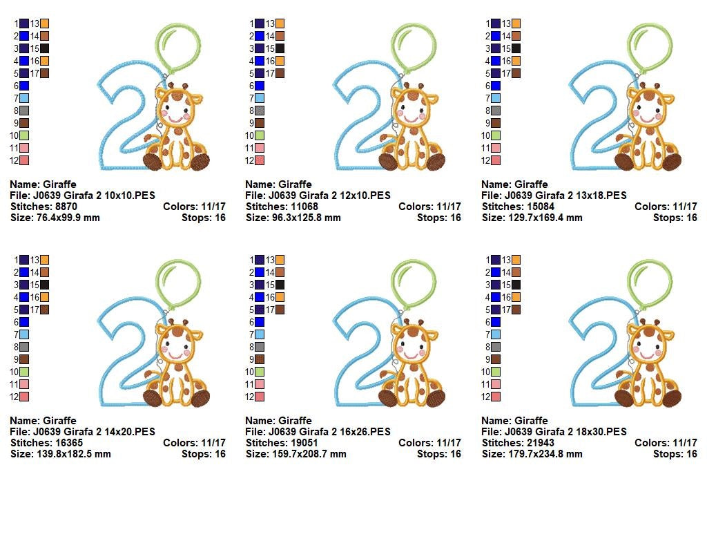 Matriz de Bordado Número 2 com Girafa e Balão – Ponto Aplique