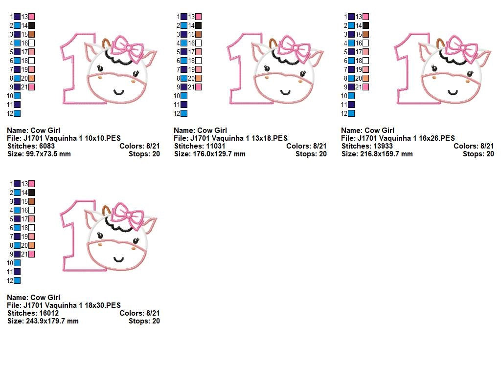 Matriz de Bordado Vaquinha com Laço e Número 1 – Aplique