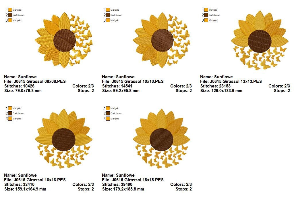 Matriz de Bordado Girassol Delicado com Borboletas – Ponto Cheio