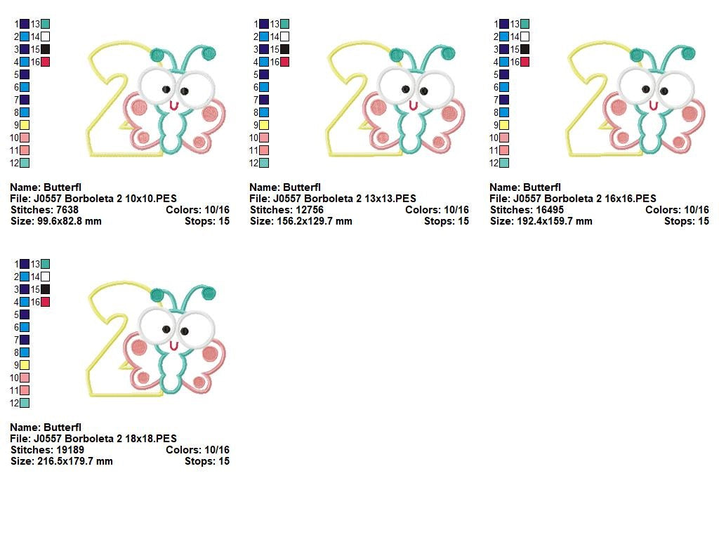 Matriz de Bordado Borboleta Baby com Número 2 – Aplique