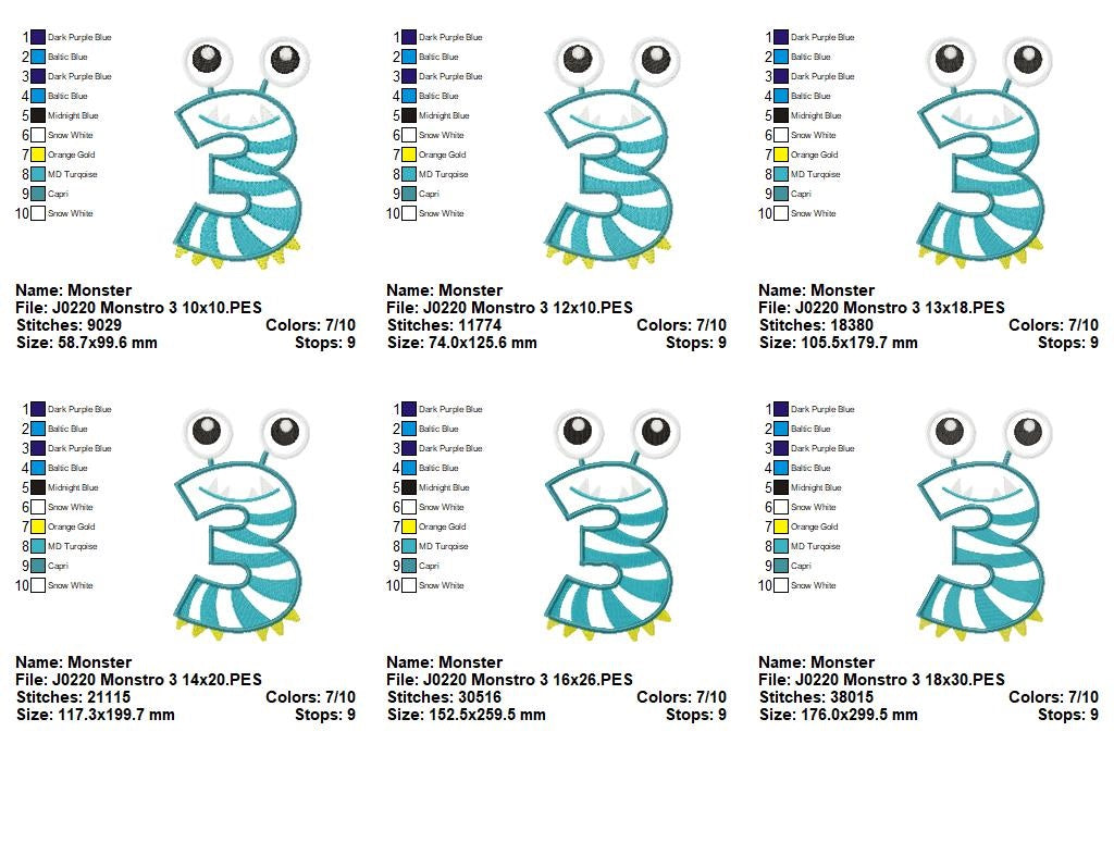 Matriz de Bordado Número 3 Divertido Monstrinho – Aplique