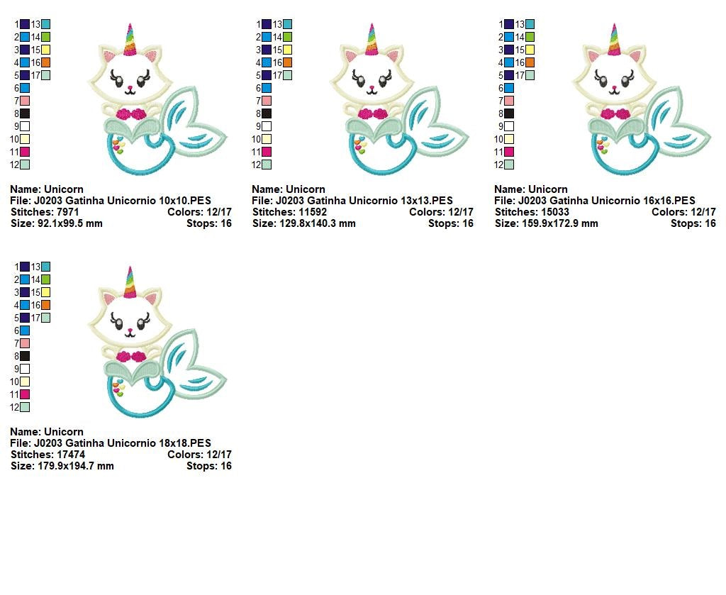 Matriz de Bordado Gatinha Encantada Sereia e Unicórnio – Aplique